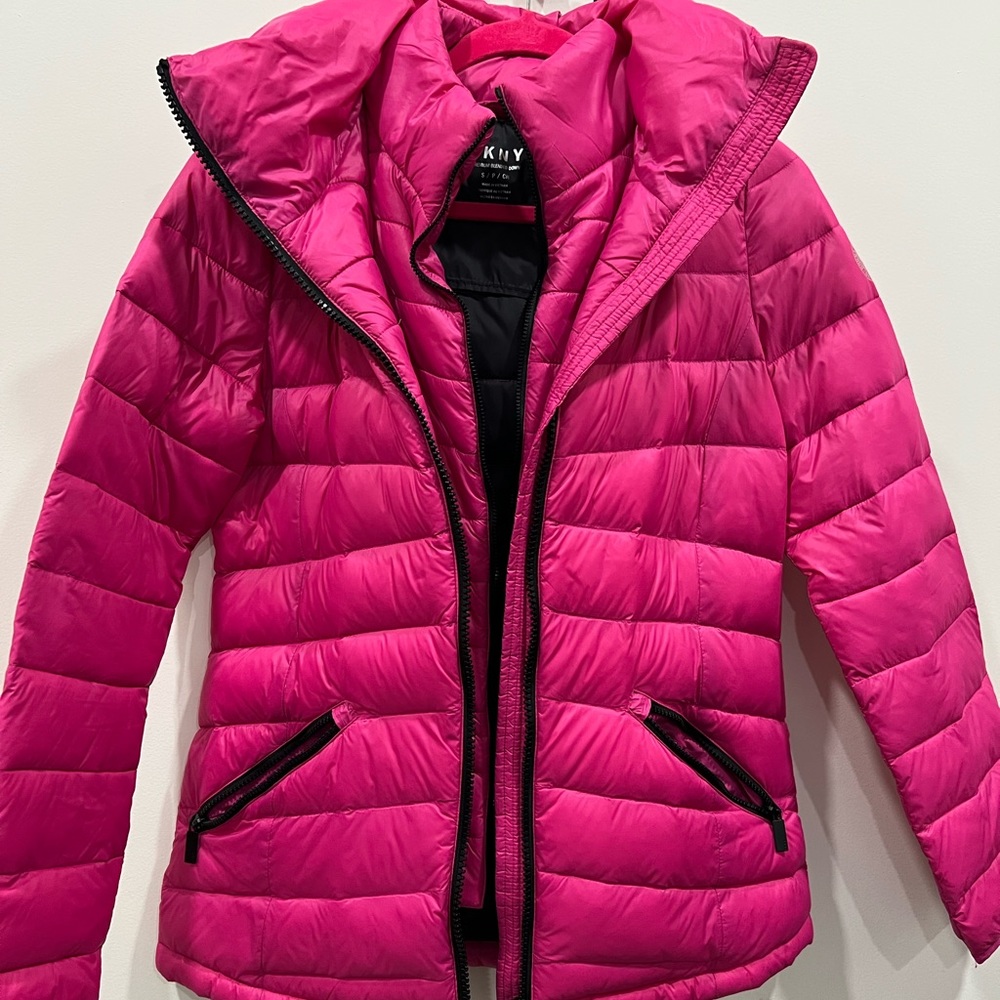 Puffer coat DKNY, hot pink, lightly used.